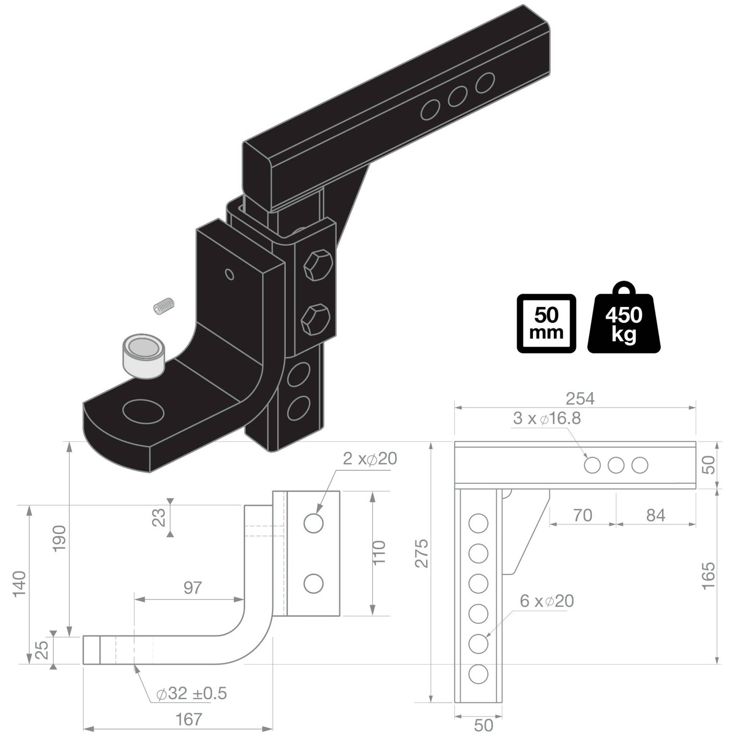 Toyota Land Cruiser TAG Adjustable Heavy Duty Tow Ball Mount - 90° Face, 50mm Square Hitch